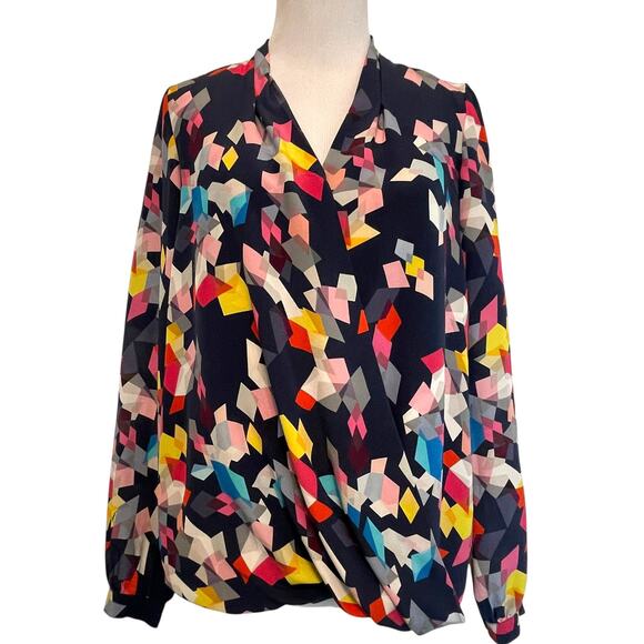 Trina Turk Silk Faux Wrap Top Womens Medium Multicolor Geometric Print Blouse - Picture 1 of 7